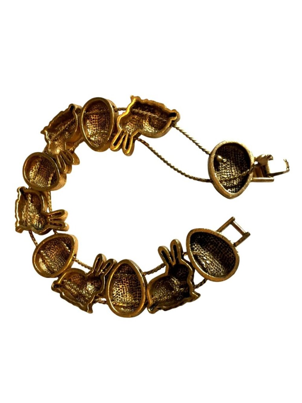 Vintage Gold-Tone Easter-Themed Bracelet W/ Bunny & Egg Charms Textured Design - Picture 4 of 6